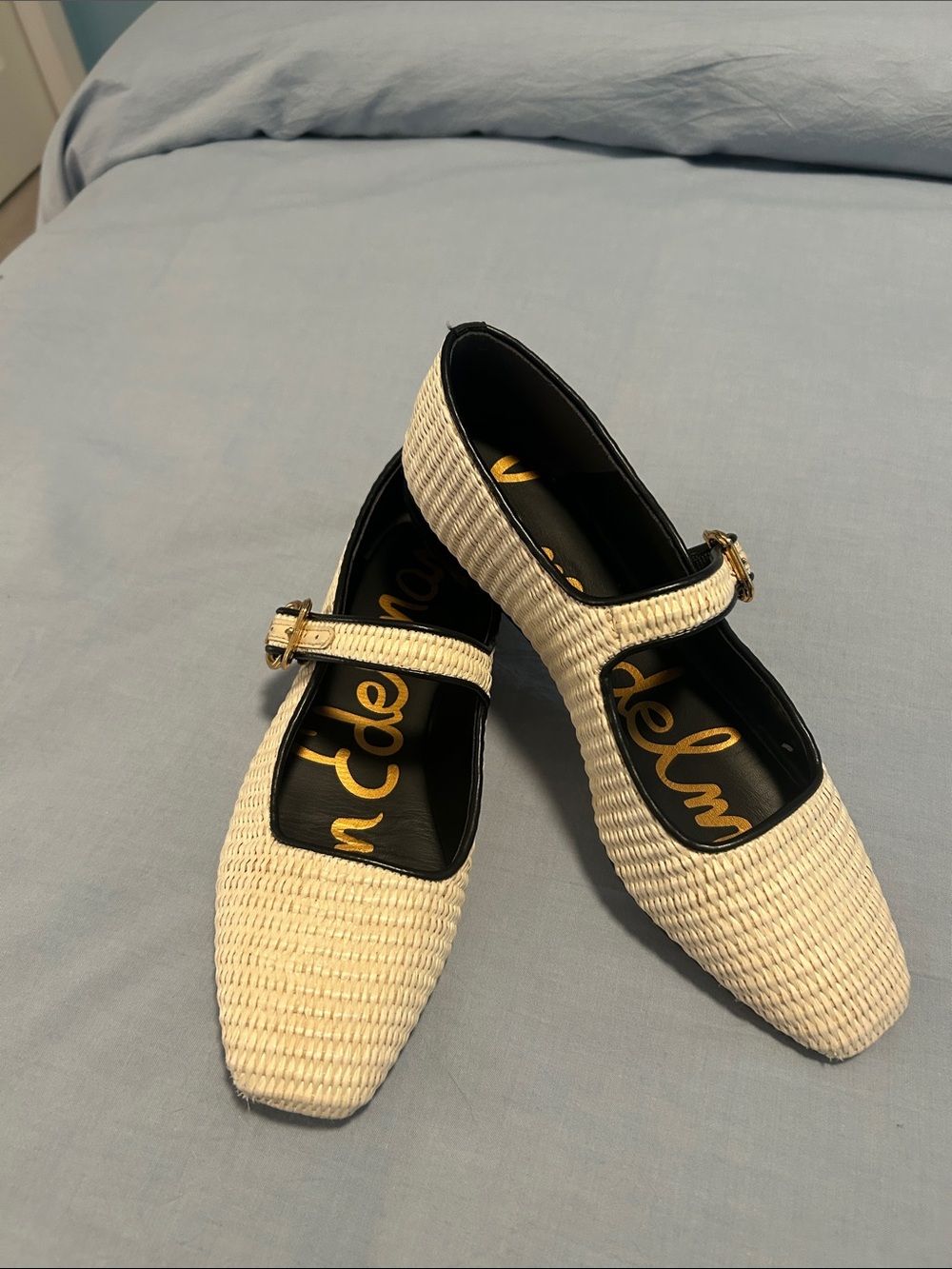 Woven Mary Jane Flats in Cream with black trim and Gold Buckle